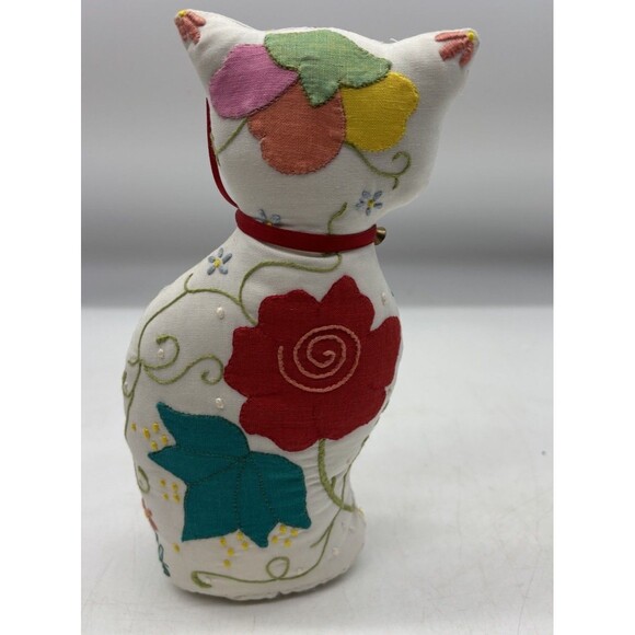 Vintage Handmade Patchwork Embroidered Farmhouse  Cat Pillow - Picture 2 of 7